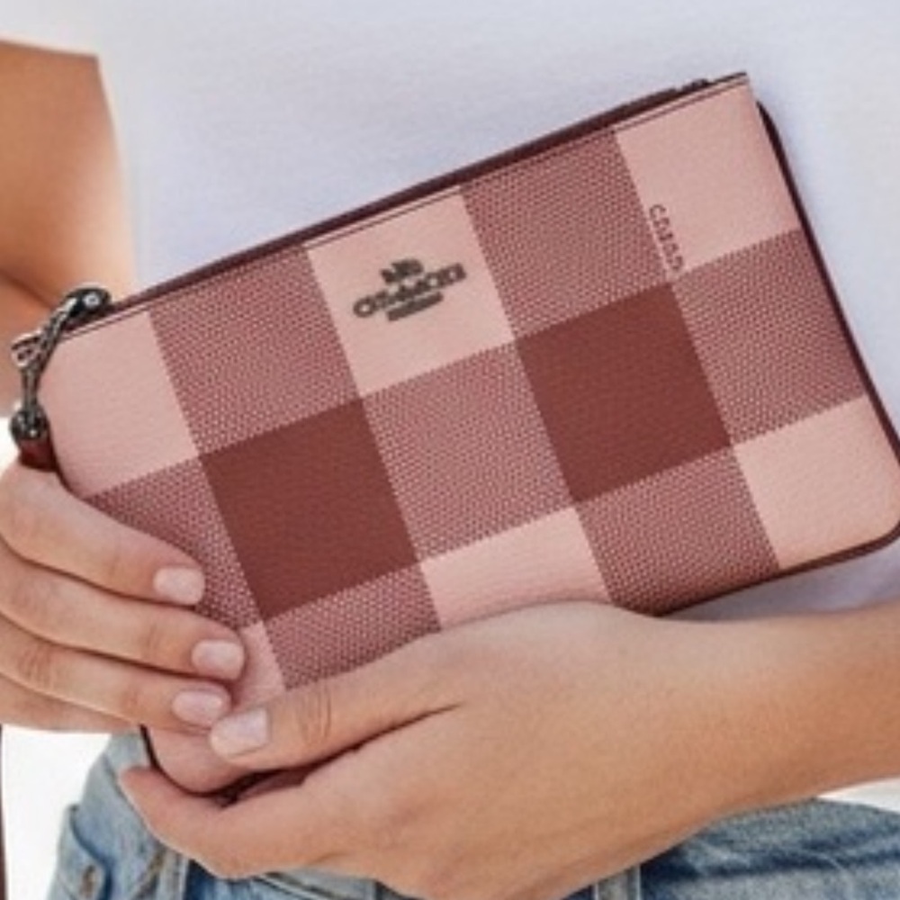Coach Pink, Red & White Buffalo Plaid Zip top Coated Canvas Wristlet Wallet
